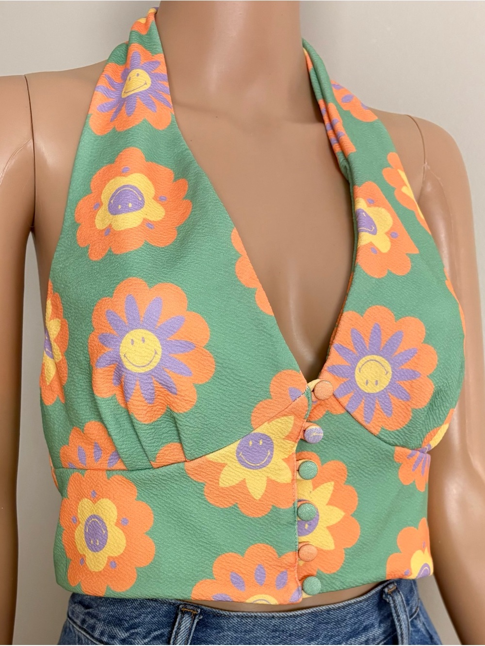 SMAK PARLOUR x SMILEY Colorful FLOWER POWER Smiley Face RETRO Halter CROP TOP